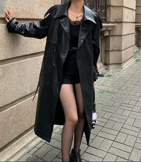 SecretBombe veste longue femme en cuir végan noir chic