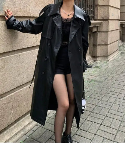 SecretBombe veste longue femme en cuir végan noir chic