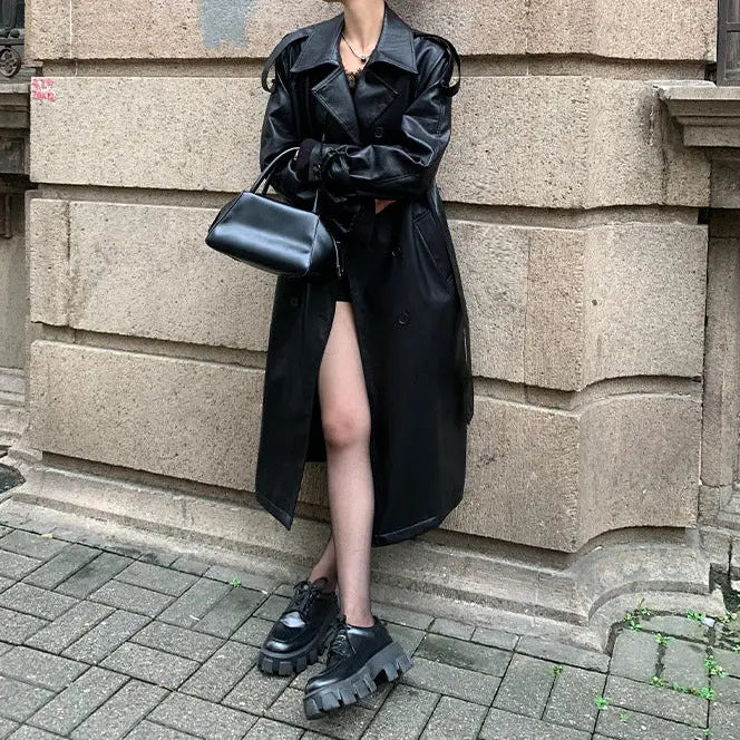 SecretBombe veste longue cuir végan matière PU