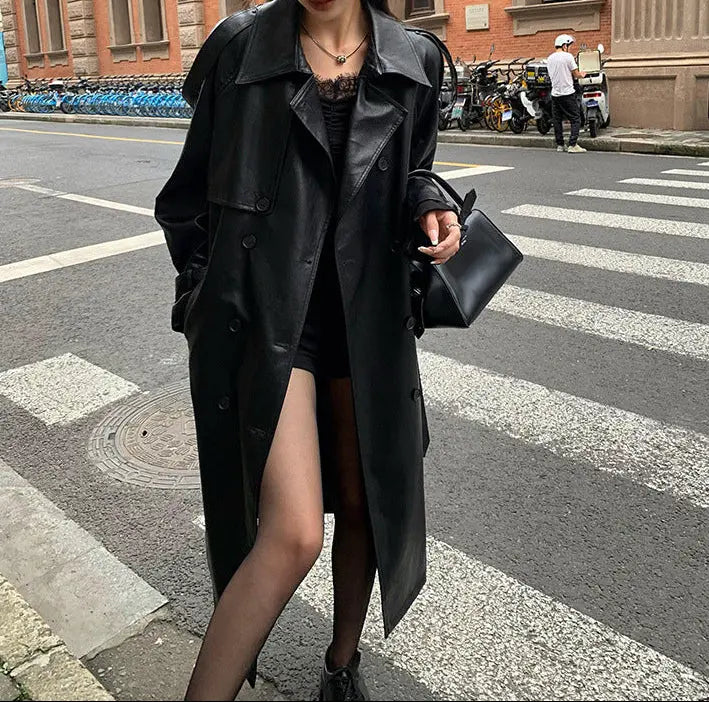 SecretBombe veste longue cuir végan ceinturée femme