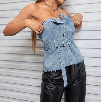 Top bustier femme structuré avec ceinture, style streetwear chic en denim secretbombe