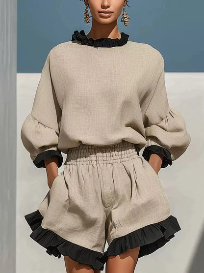 Ensemble beige avec short bordé de dentelle noire pour femme SecretBombe