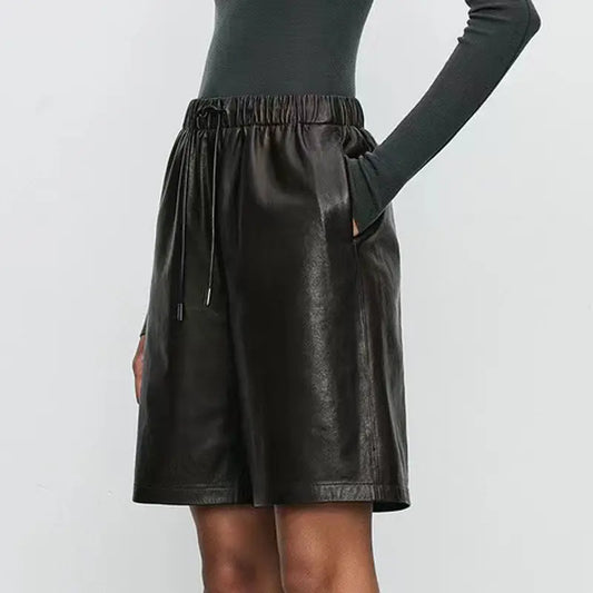 Short en cuir véritable noir pour femme, taille haute coupe droite