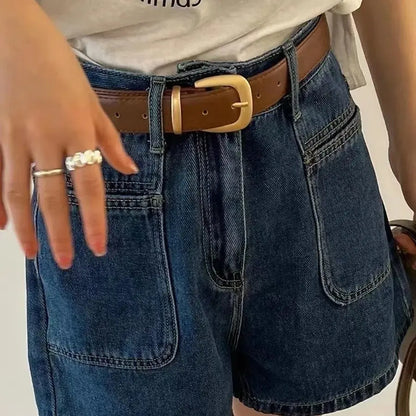 Short en jean femme bleu foncé à taille haute avec grandes poches plaquées SecretBombe