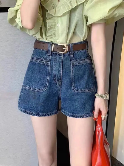 Short en jean femme bleu foncé à taille haute avec grandes poches plaquées SecretBombe