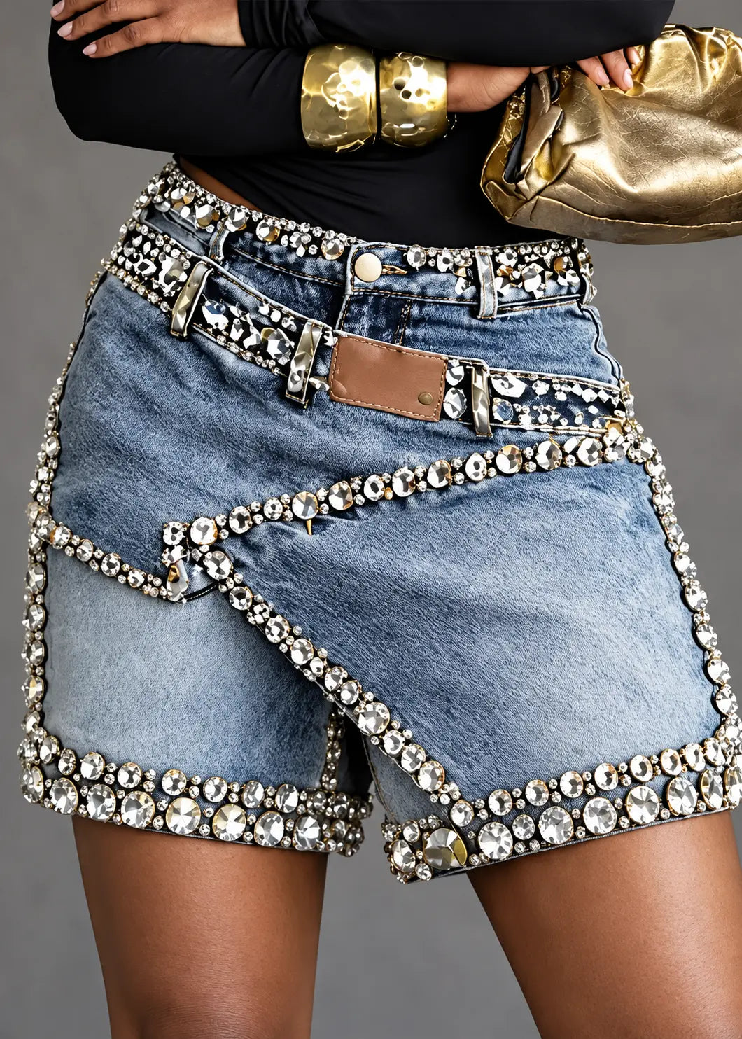 Short-jupe femme bleu en jean à strass pour un look de soirée SecretBombe