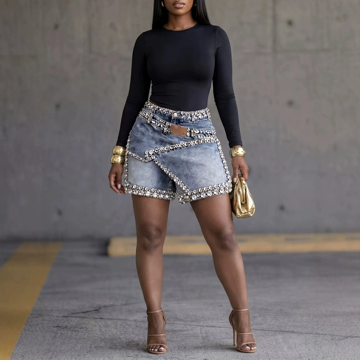 Short-jupe femme en denim avec détails bijoux argentés SecretBombe