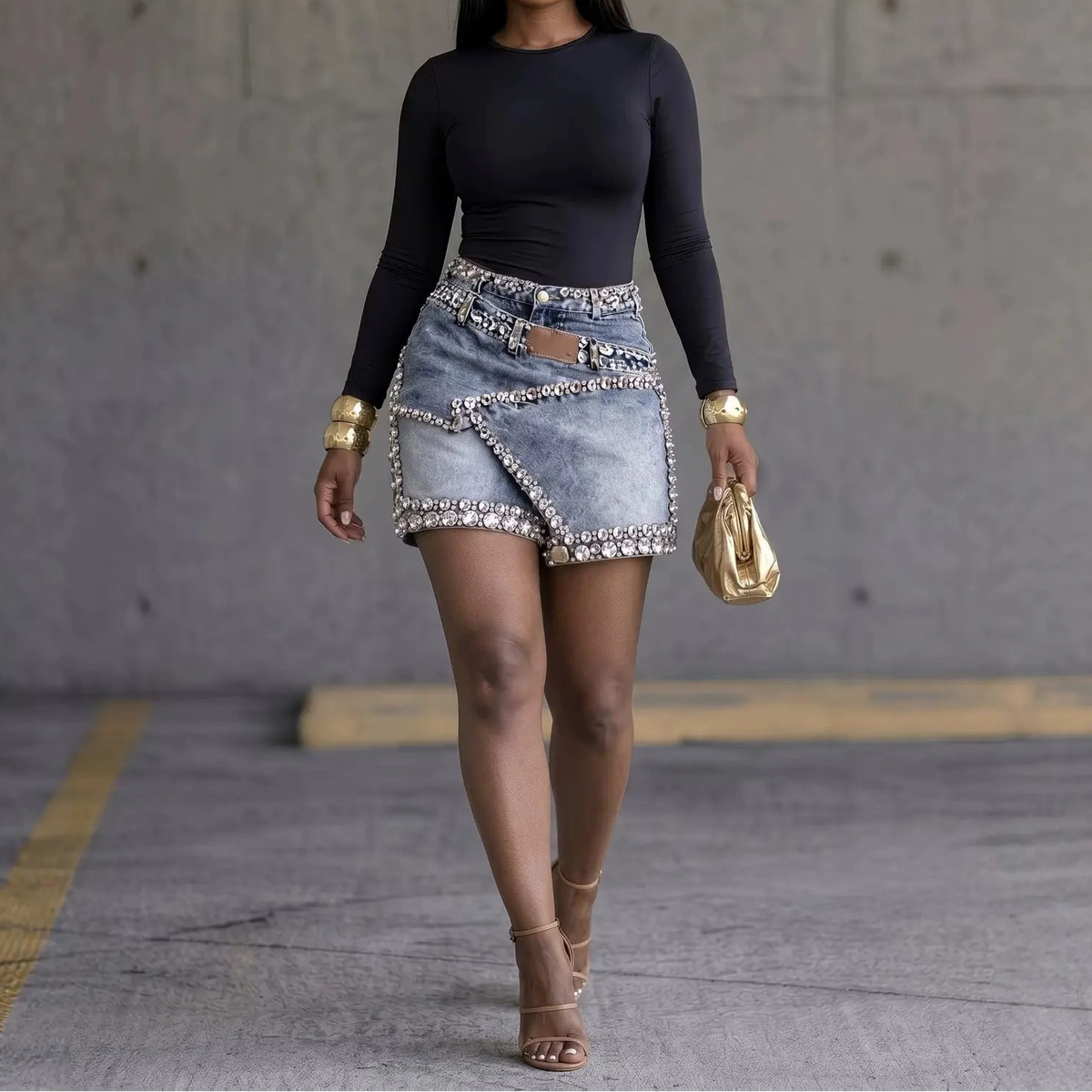 Short-jupe en jean femme à effet portefeuille et finitions brillantes SecretBombe