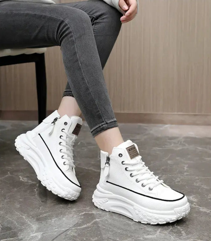 Sneakers montantes femme blanc doublure chaude en coton pour journées actives