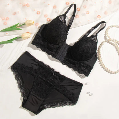 Ensemble Lingerie Femme Noir - Soutien-Gorge Agrafage Frontal et Culotte Assortie XS (70B), S (75B), M (80B), L (85B) | SecretBombe