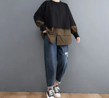 Sweat bicolore oversize noir et taupe, style urbain moderne, coupe loose ample, manches longues, look original