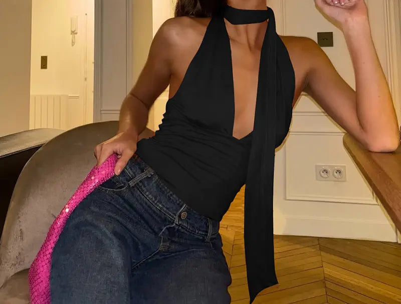 : Top à nouer dos nu avec grand nœud, coupe slim fit et élégante
