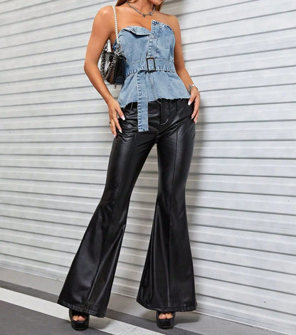 Top bustier femme structuré avec ceinture, style streetwear chic en denim