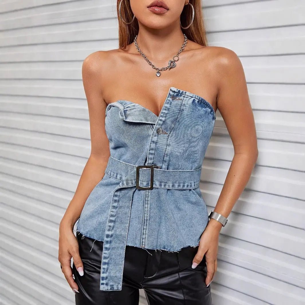 Top bustier femme structuré avec ceinture, style streetwear chic en denim secretbombe