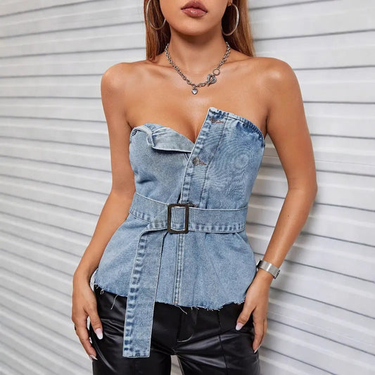Top bustier femme structuré avec ceinture, style streetwear chic en denim secretbombe