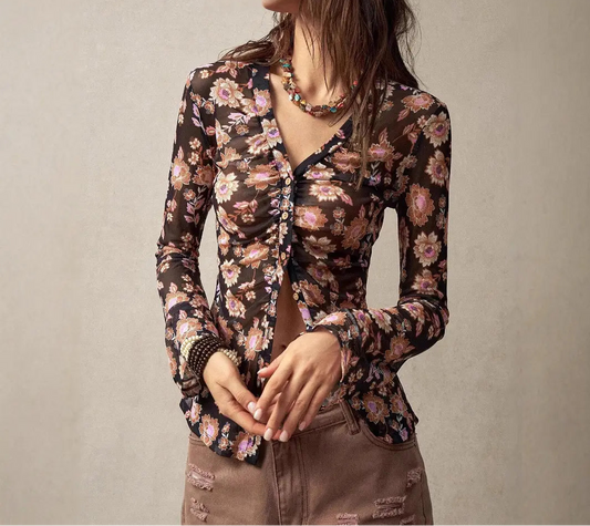 Blouse cintrée noire à fleurs manches longues femme