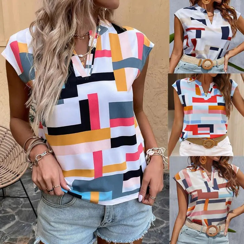 Top féminin sans manches avec col en V fendu, style tendance et confortable