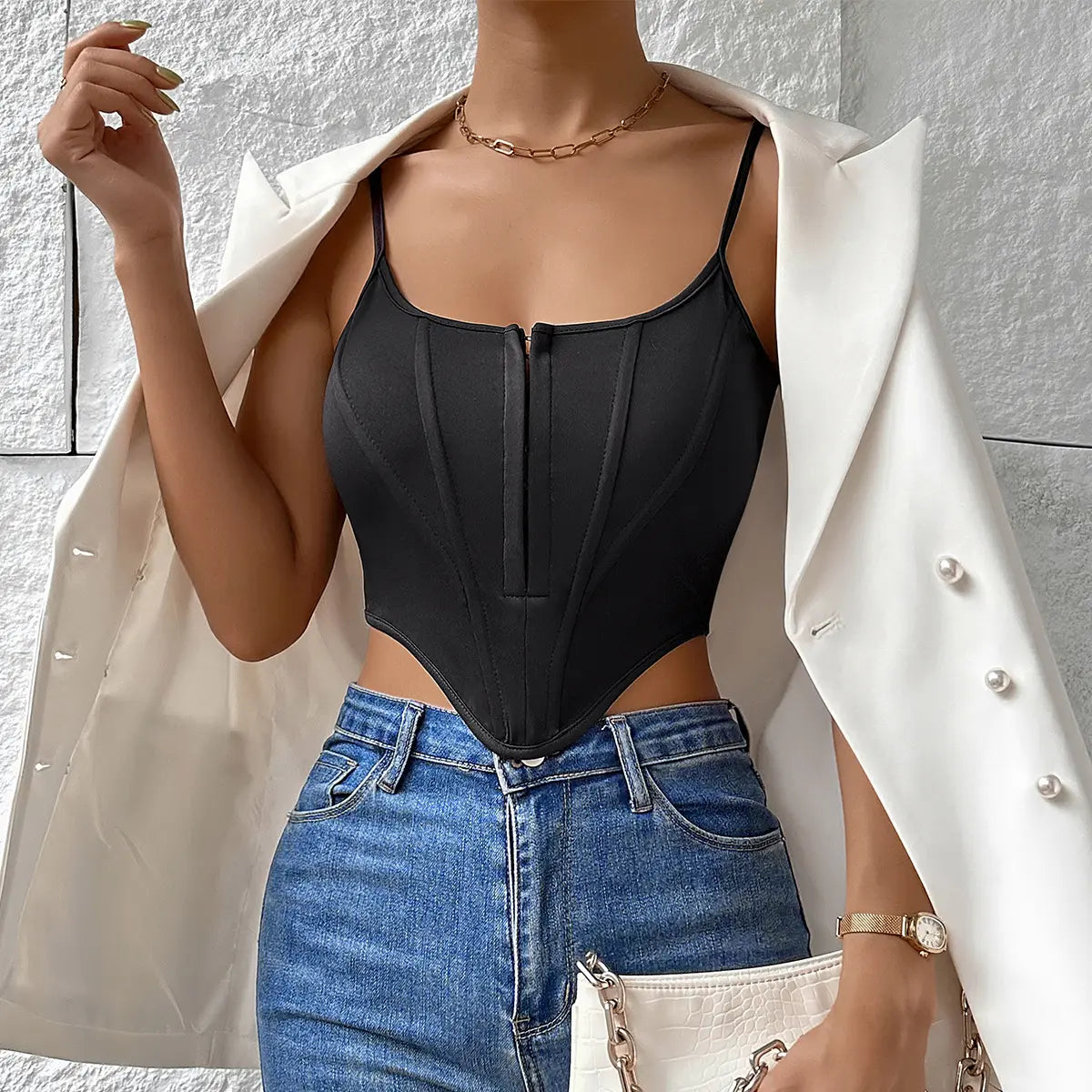 Top corset crop top femme dos nu, effet sculptant, style streetwear hipster
