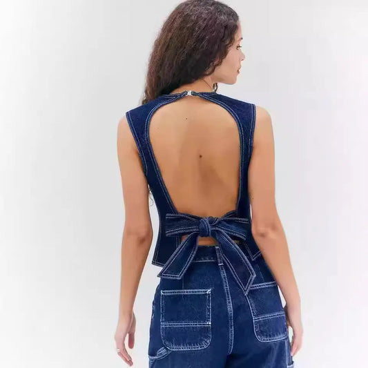 Top rétro en denim foncé avec dos ouvert noué