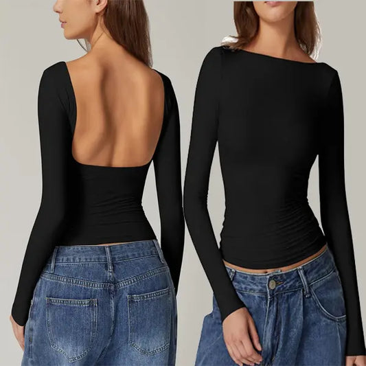 Top dos nu noir femme sexy manches longues – secretbombe