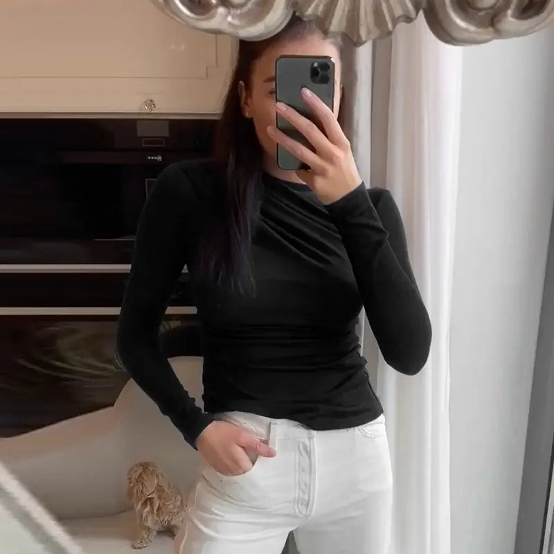 Top drapé manches longues slim noir coupe près du corps femme boutique secretbombe