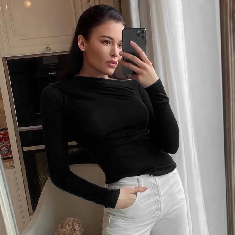 Top drapé coupe slim manches longues style moderne commuting chic femme boutique secretbombe