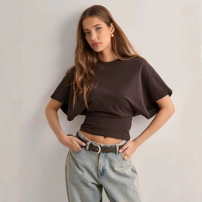 Top femme aérien et streetwear, coupe cintrée à la taille, ample aux épaules, manches chauve-souris, coloris tendance, polyester confortabl