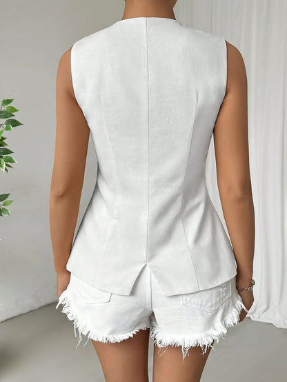 Top femme chic et confortable, coupe cintrée, blanc, fermeture à boutons sur le devant, sans manches, doublure