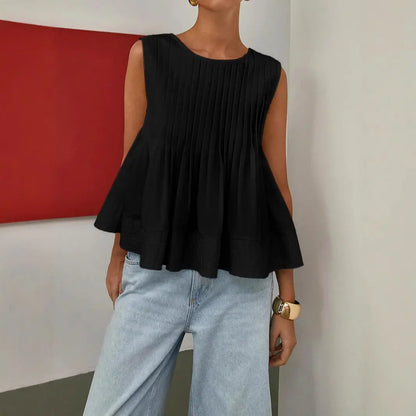 Top femme décontracté chic, coupe ample, col rond, noir, confortable et léger, parfait pour journées ensoleillées