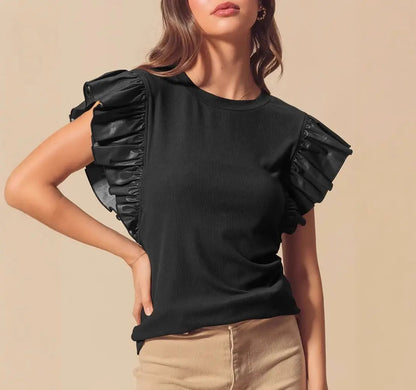 Top femme ample noir, coupe décontractée, col rond classique, confortable et léger, parfait pour l’été et les journées ensoleillées