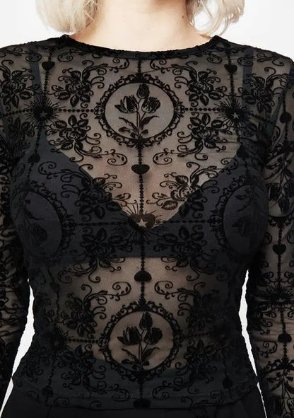 Top femme noir transparent, manches longues, coupe ajustée, tulle semi-transparent, look élégant et sophistiqué, idéal pour soirées