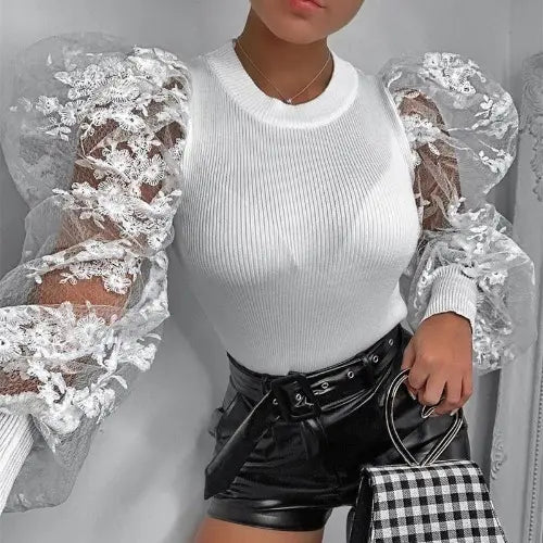 Haut femme chic dentelle manches bouffantes blanc col montant élégant SecretBombe