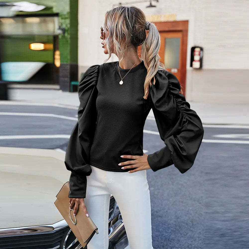 Haut femme urban chic manches bouffantes blanc col rond moderne SecretBombe