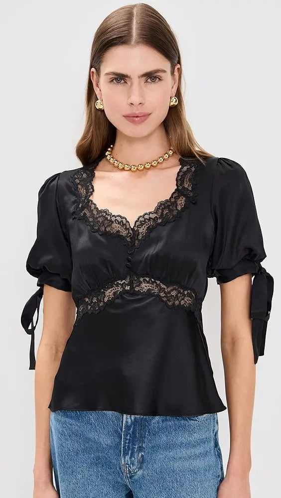Top satiné noir pour femme avec décolleté en dentelle SecretBombe