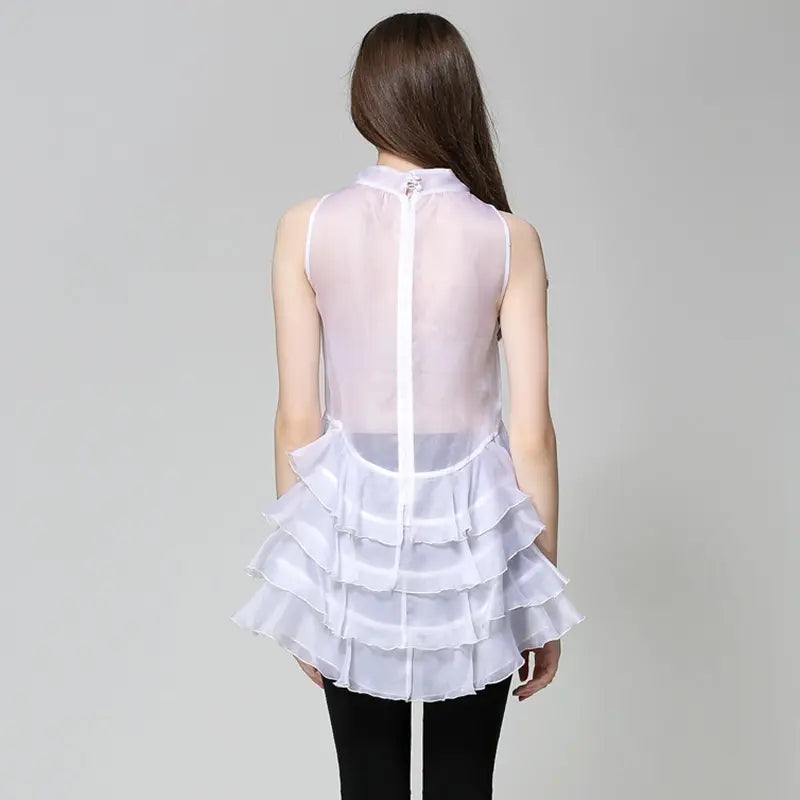 Tunique femme élégante en organza blanc, style tendance, volants cousus fleur 3D, coupe mi-longue ajustée, sans manches