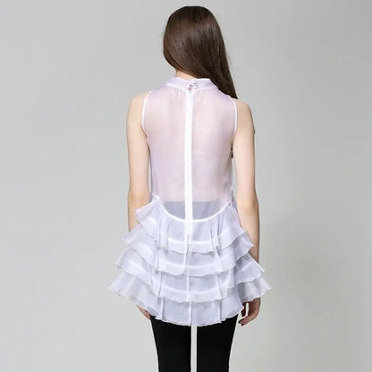 Tunique femme élégante en organza blanc, style tendance, volants cousus fleur 3D, coupe mi-longue ajustée, sans manches