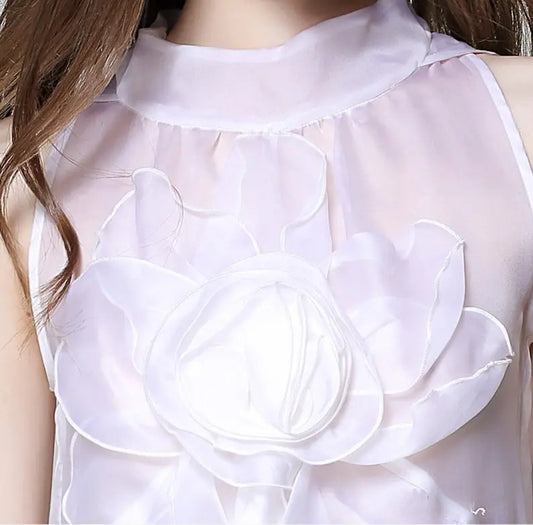 Tunique femme en organza blanc, col rond, zip au dos, sans manches, volants fleurs 3D, coupe ajustée mi-longue