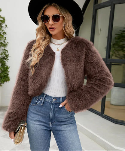 Veste courte taupe pour femme en fausse fourrure, style commute tendance.