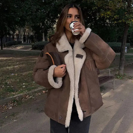 Veste doublée fausse fourrure chocolat vue de face, look chic et tendance