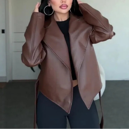 Veste en cuir vegan marron femme SecretBombe avec ceinture nouée, style chic et féminin